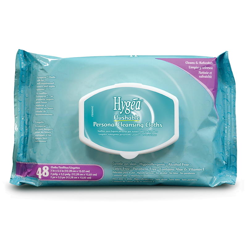 Hygea flushable personal cleansing cloths pack, 48 wipes in teal package