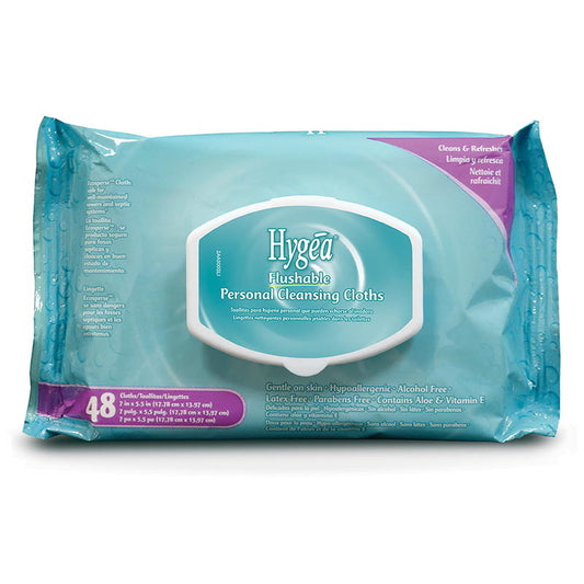 Hygea flushable personal cleansing cloths pack, 48 wipes in teal package