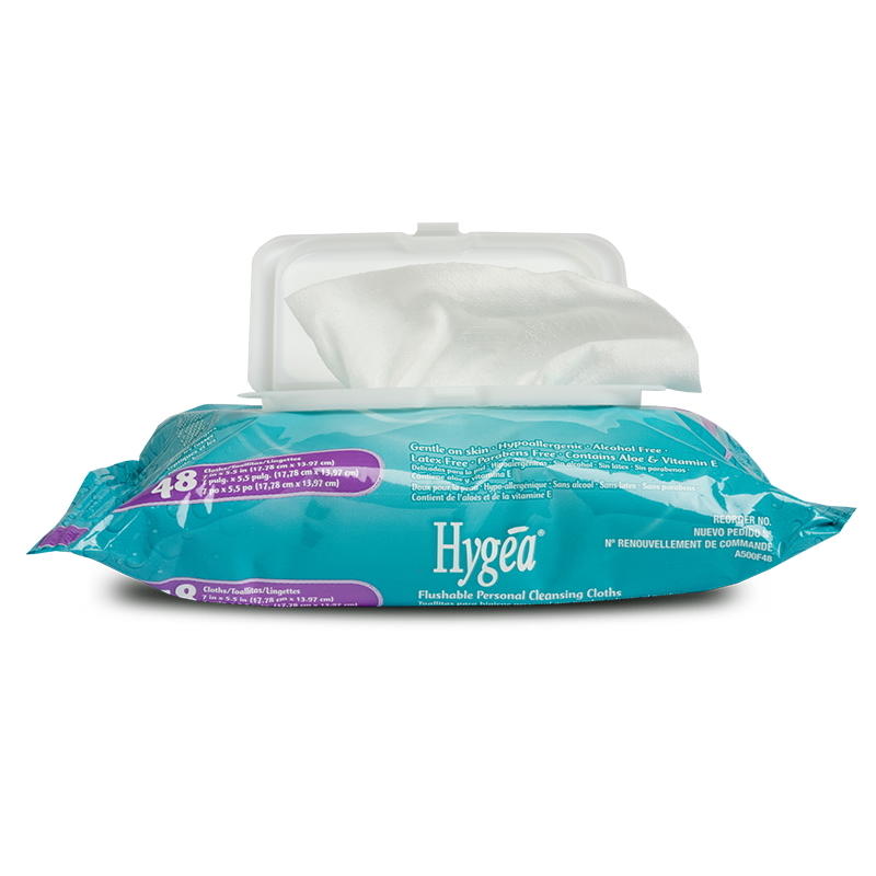 Hygea flushable personal cleansing cloths, 48 wipes, open tub with cloths