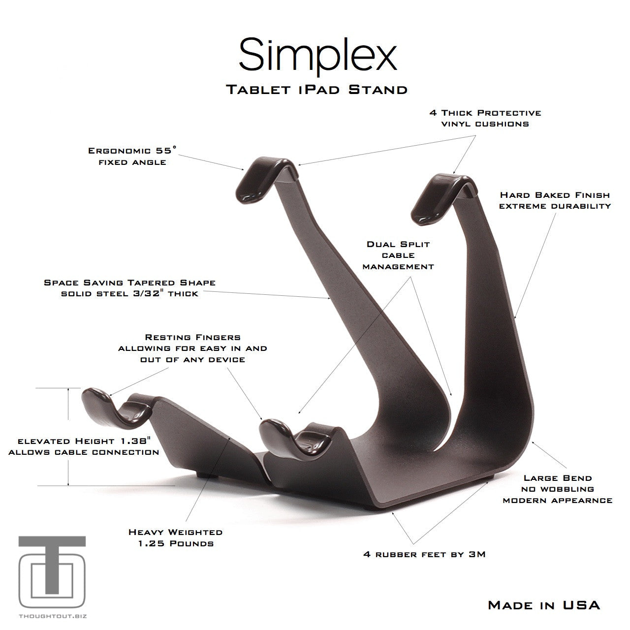 Compact fixed-angle tablet stand with dual cradle supports and dark base