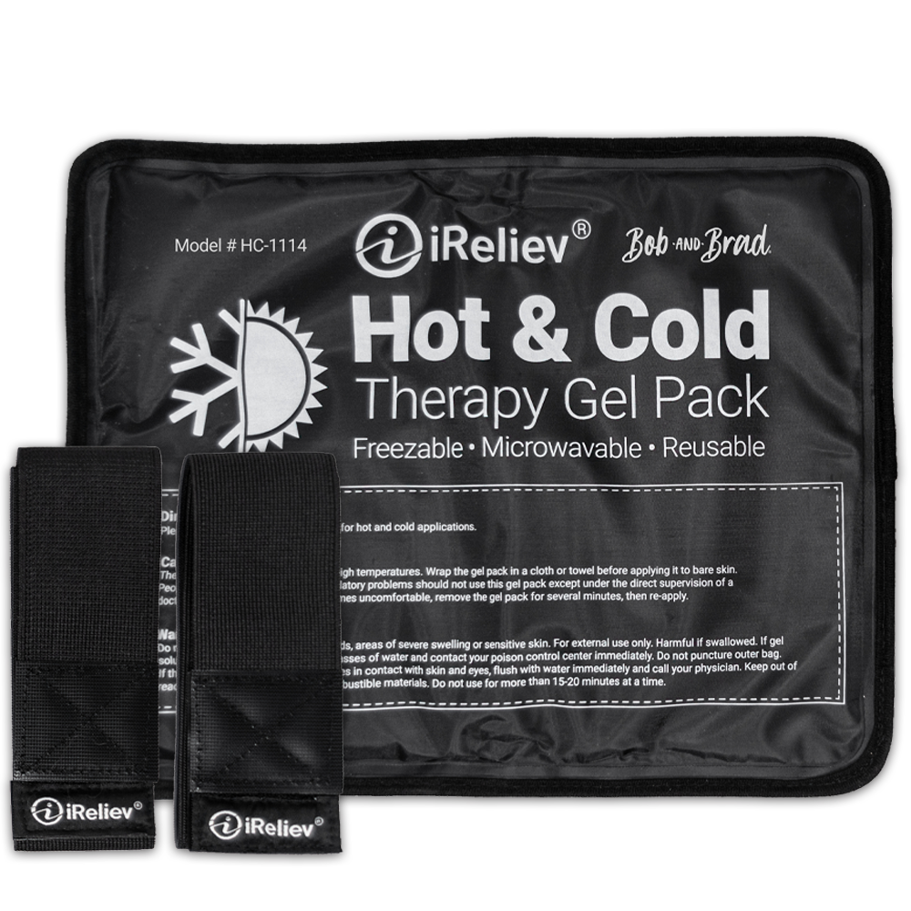Black iReliev Hot & Cold Therapy Gel Pack with securement straps, front product view
