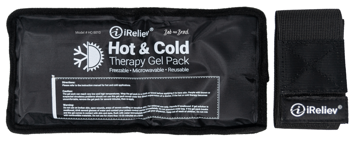 Black iReliev Hot & Cold Therapy Gel Pack with strap, back label view