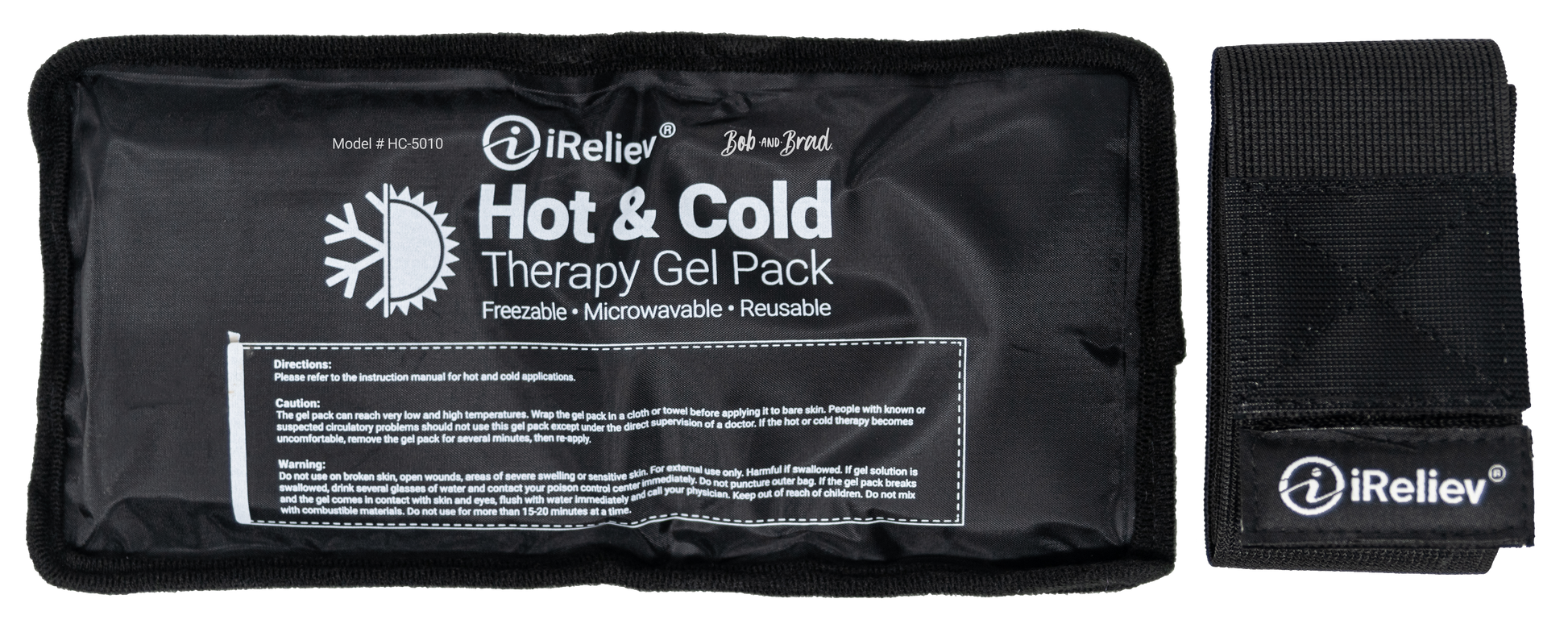 Black iReliev Hot & Cold Therapy Gel Pack with strap, back label view