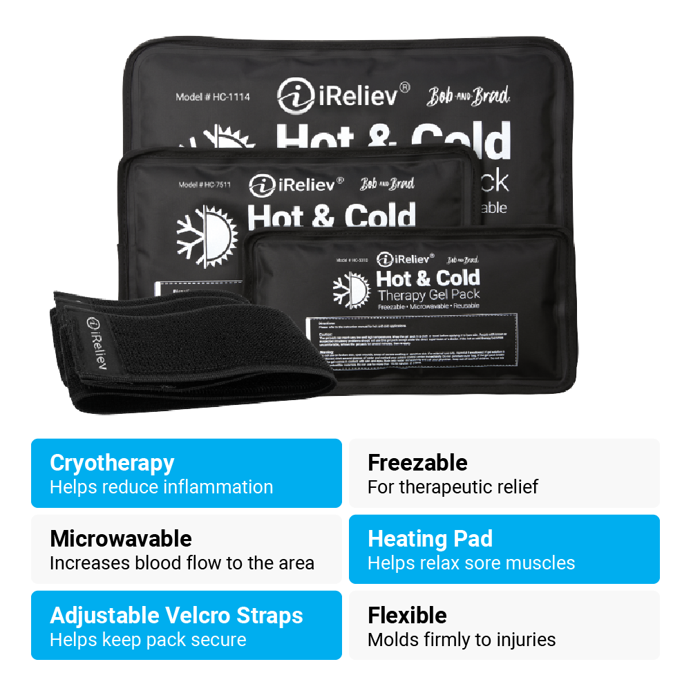 Black Hot & Cold therapy gel pack with Velcro straps and accessory strap pocket shown.