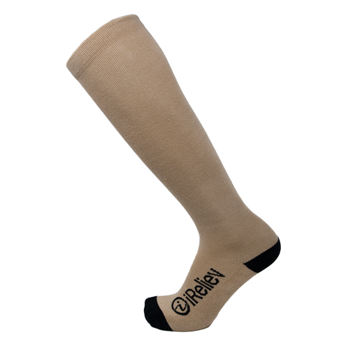 Knee-high compression socks, beige with black toe and iRReliev logo