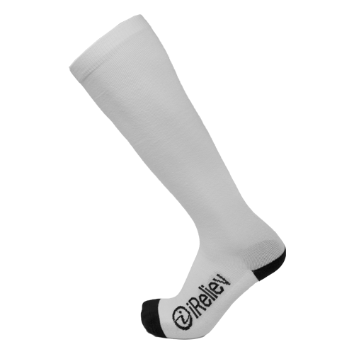 Knee-high compression socks, white with black toe and iRReliev logo