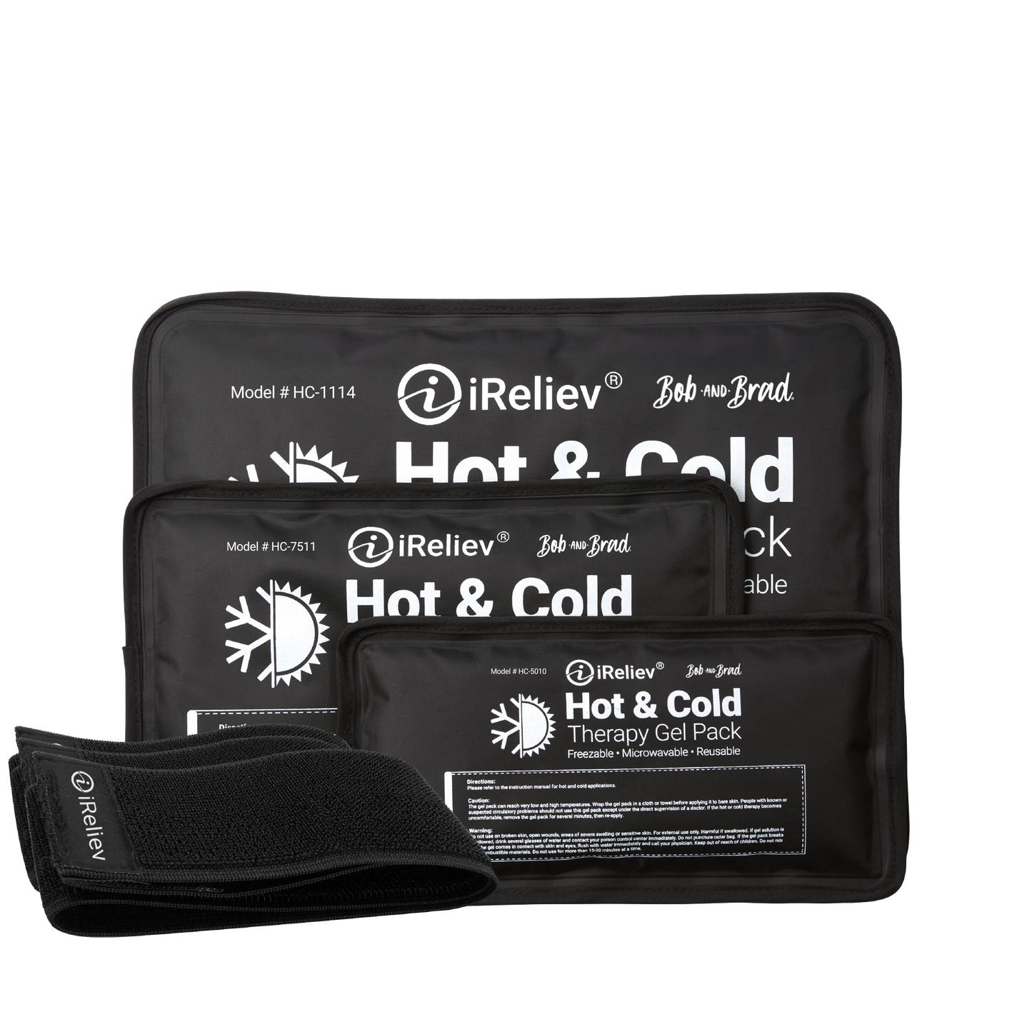 Black Hot & Cold therapy gel pack set with securement straps and iReliev branding.