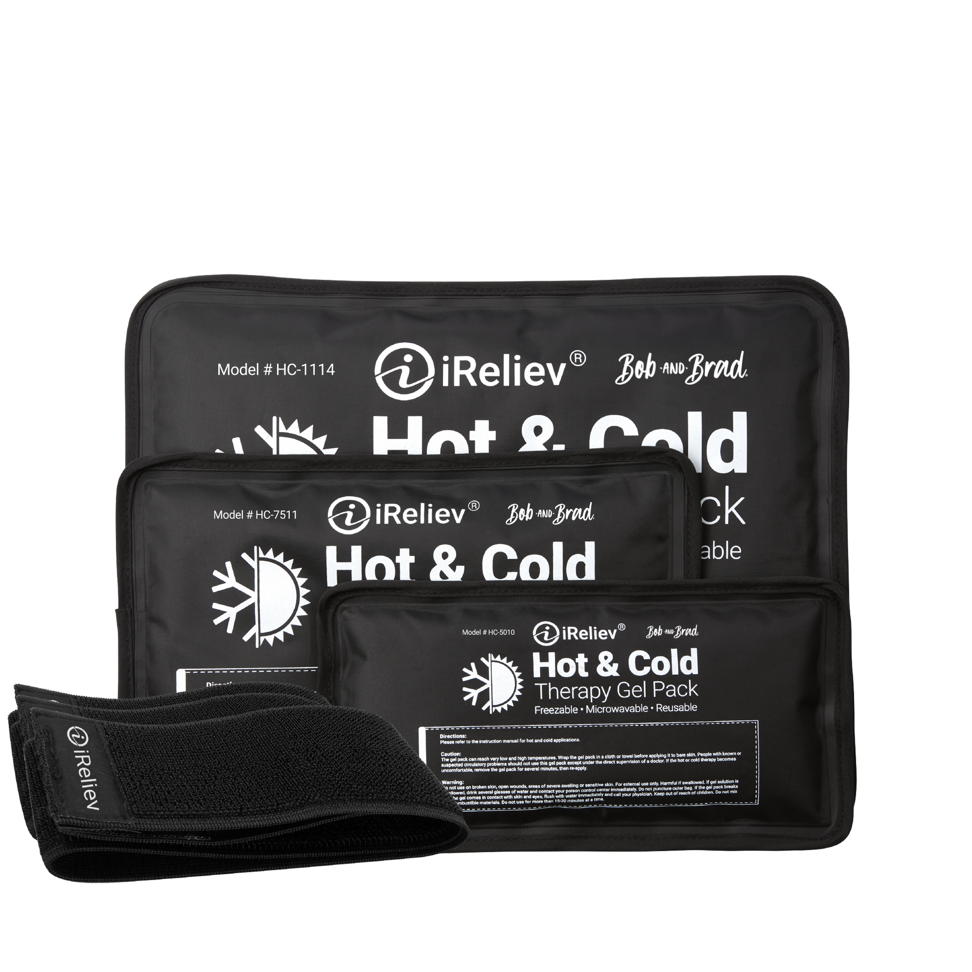 Black Hot & Cold therapy gel pack set with securement straps and iReliev branding.