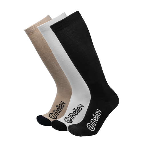 3-pack knee-high compression socks in beige, white, and black