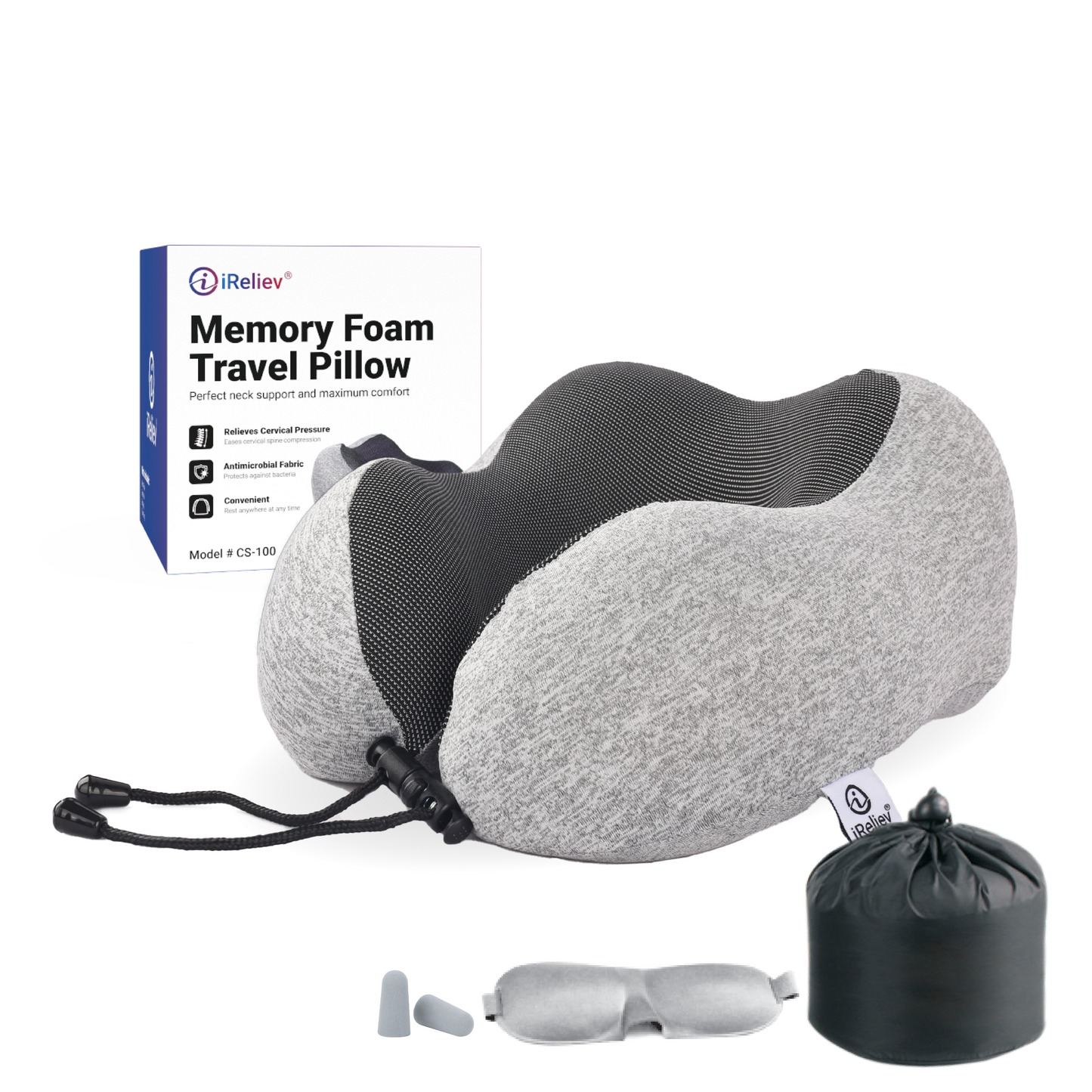 Gray U-shaped memory foam travel pillow with dark inner panel, strap and carry pouch