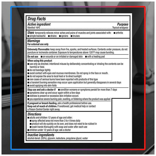 Drug Facts label panel for 16% menthol topical analgesic dry spray
