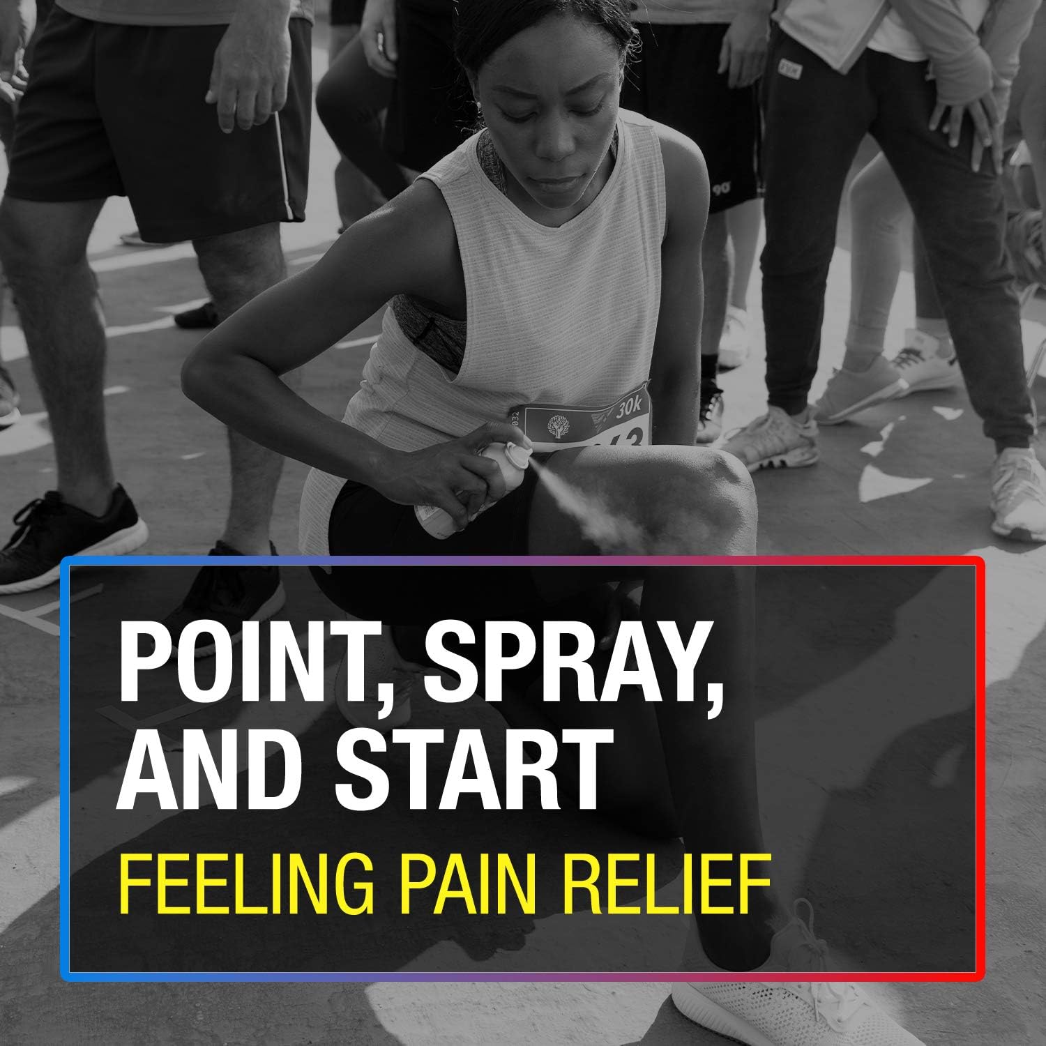 POINT, SPRAY, AND START label for pain relief spray