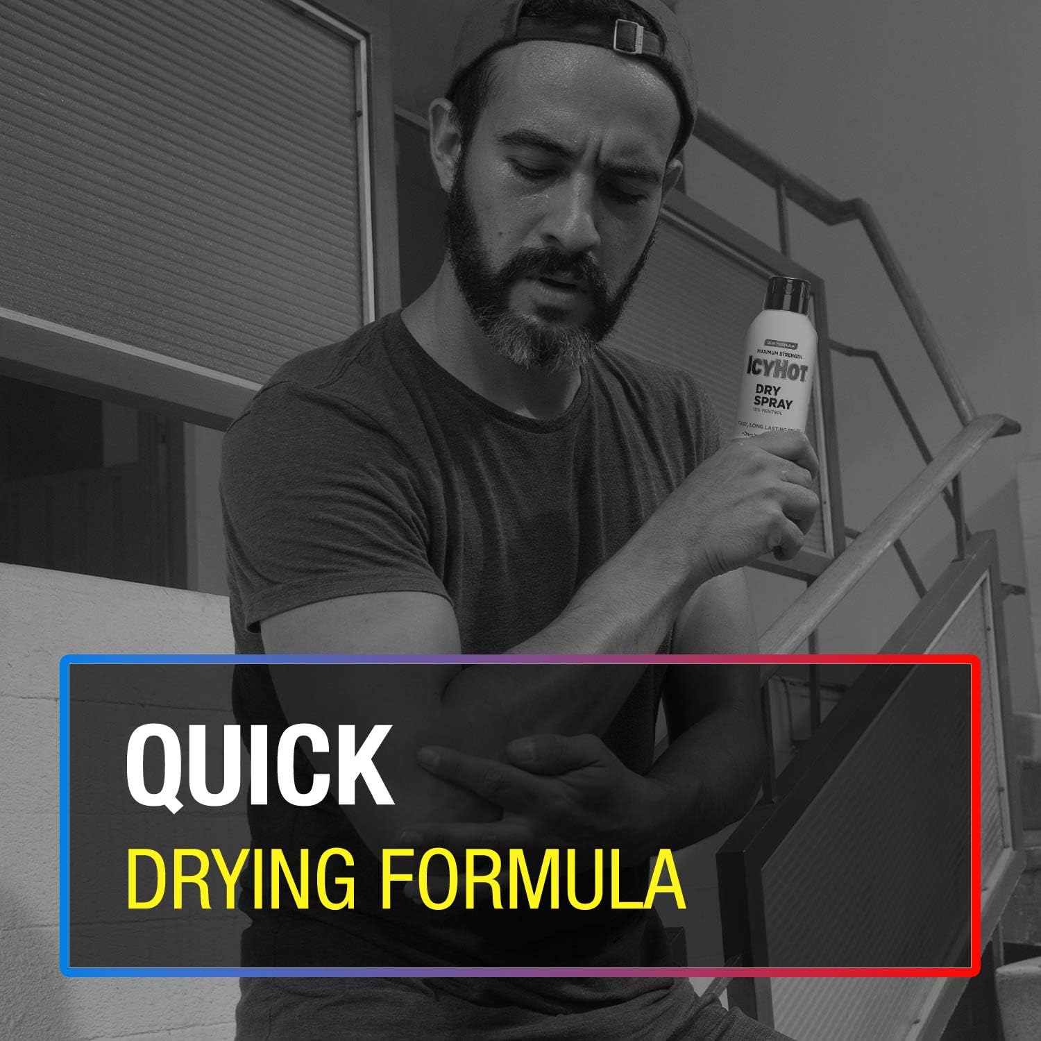 Icy Hot dry spray bottle with QUICK DRYING FORMULA text