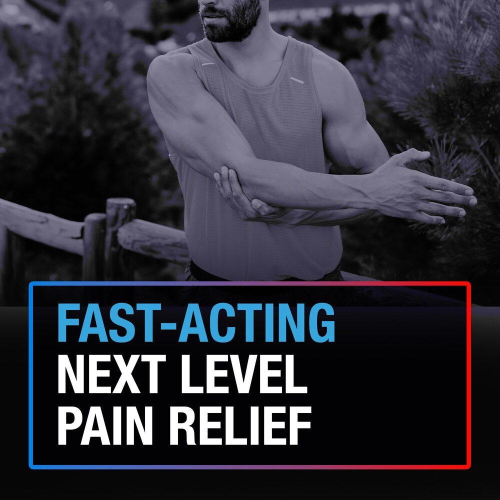 Fast-acting next level pain relief text over man arm stretch outdoors.