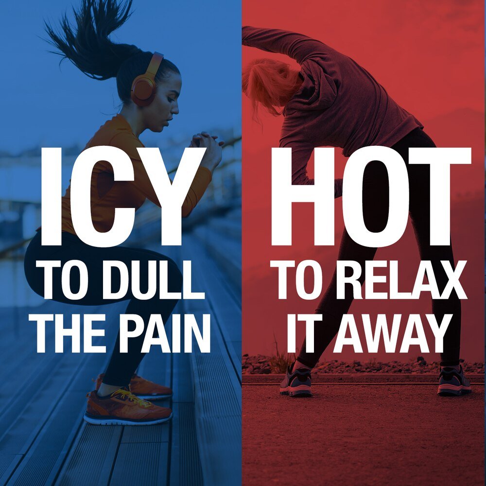 Icy Hot Pro ice to dull the pain, hot to relax it away text over runner.