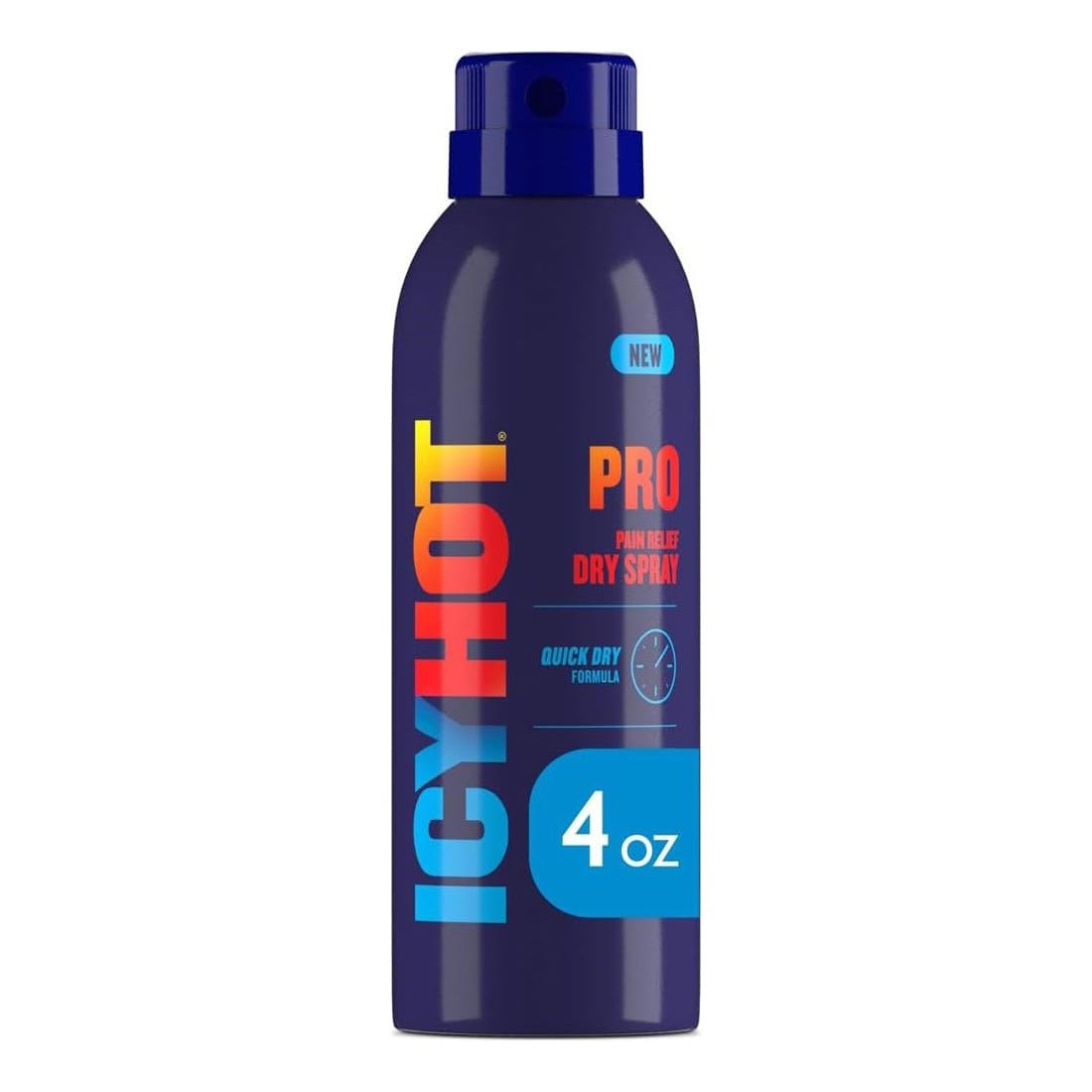 Icy Hot Pro pain relief dry spray, 4 oz bottle with blue cap.