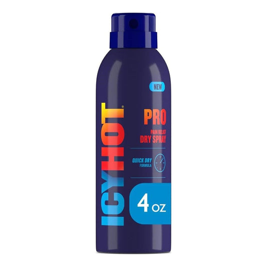 Icy Hot Pro pain relief dry spray, 4 oz bottle with blue cap.