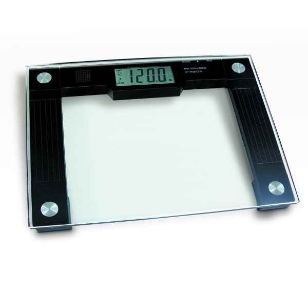 Extra-wide bathroom scale with large LCD display on black glass platform