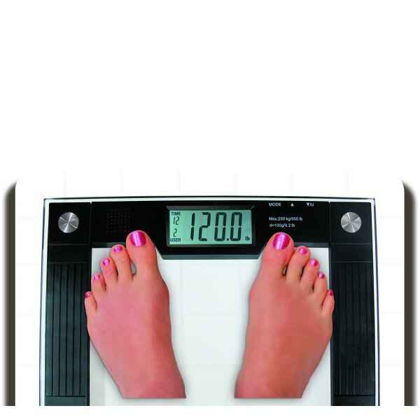 Bathroom scale with LCD readout showing 120.0, feet on extra-wide platform