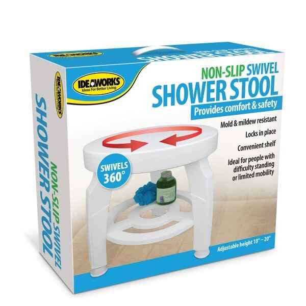 Non-slip swivel shower stool, adjustable height, locks in place—shown in retail box