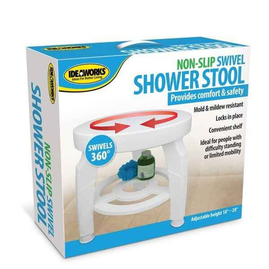 Non-slip swivel shower stool, adjustable height, locks in place—shown in retail box