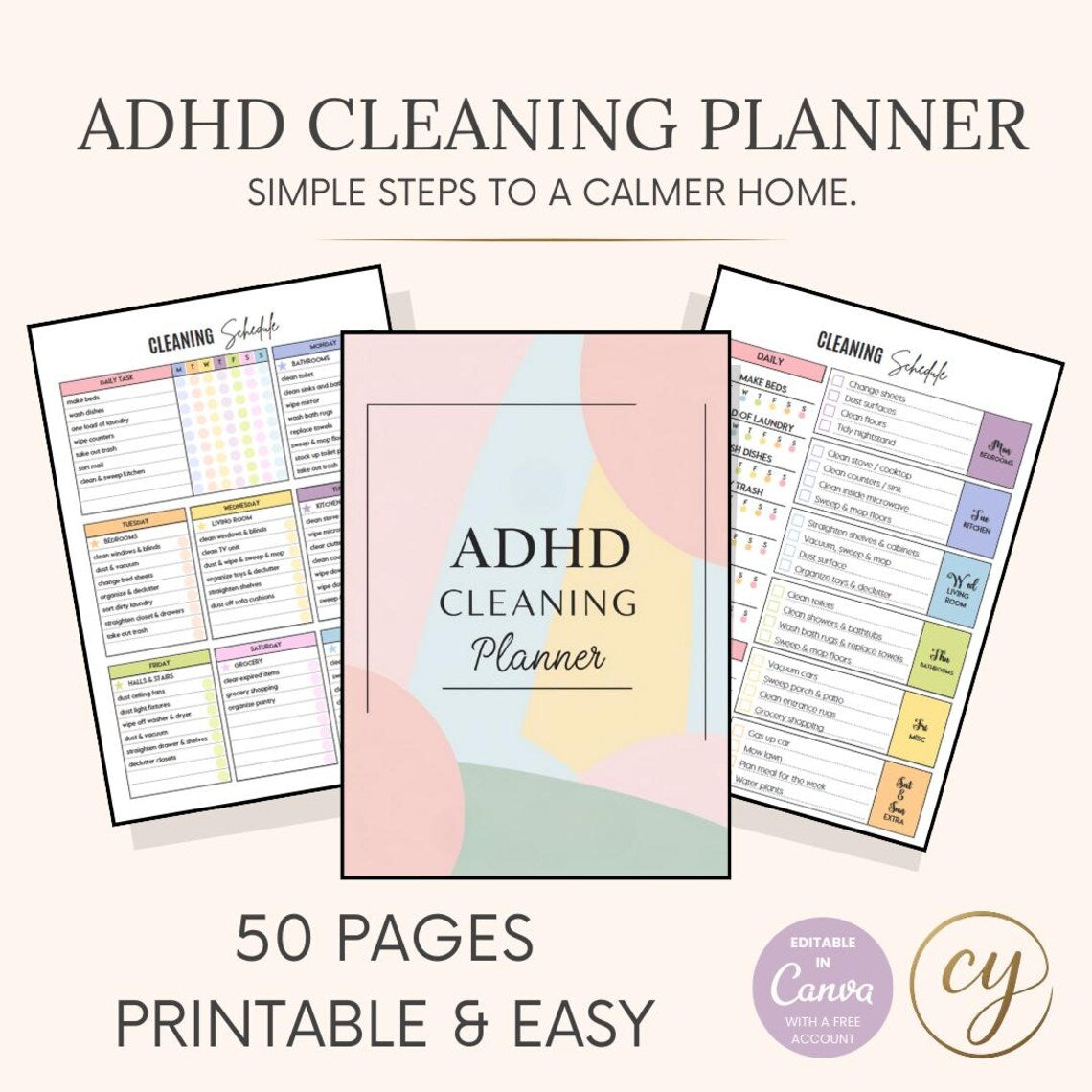 ADHD Cleaning Planner with printable pages on a white background
