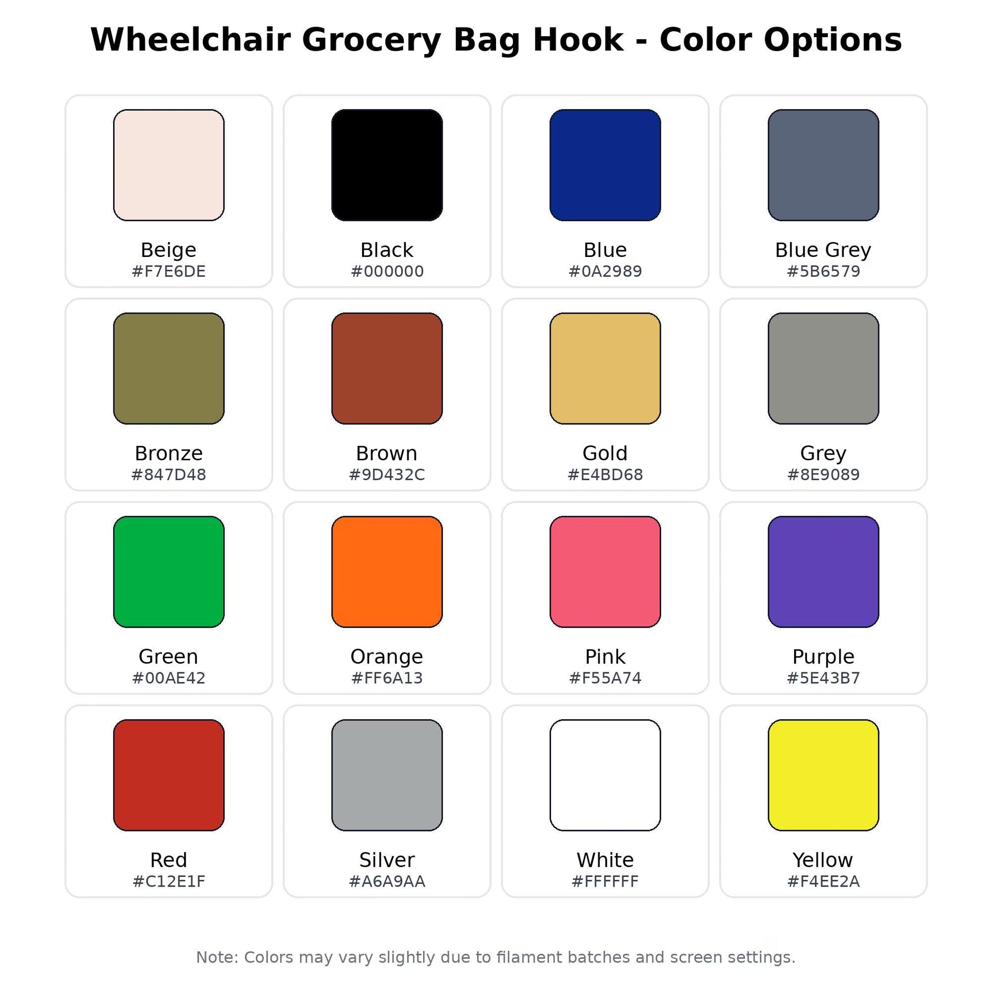Wheelchair grocery bag hook color chart with multiple metal color swatches