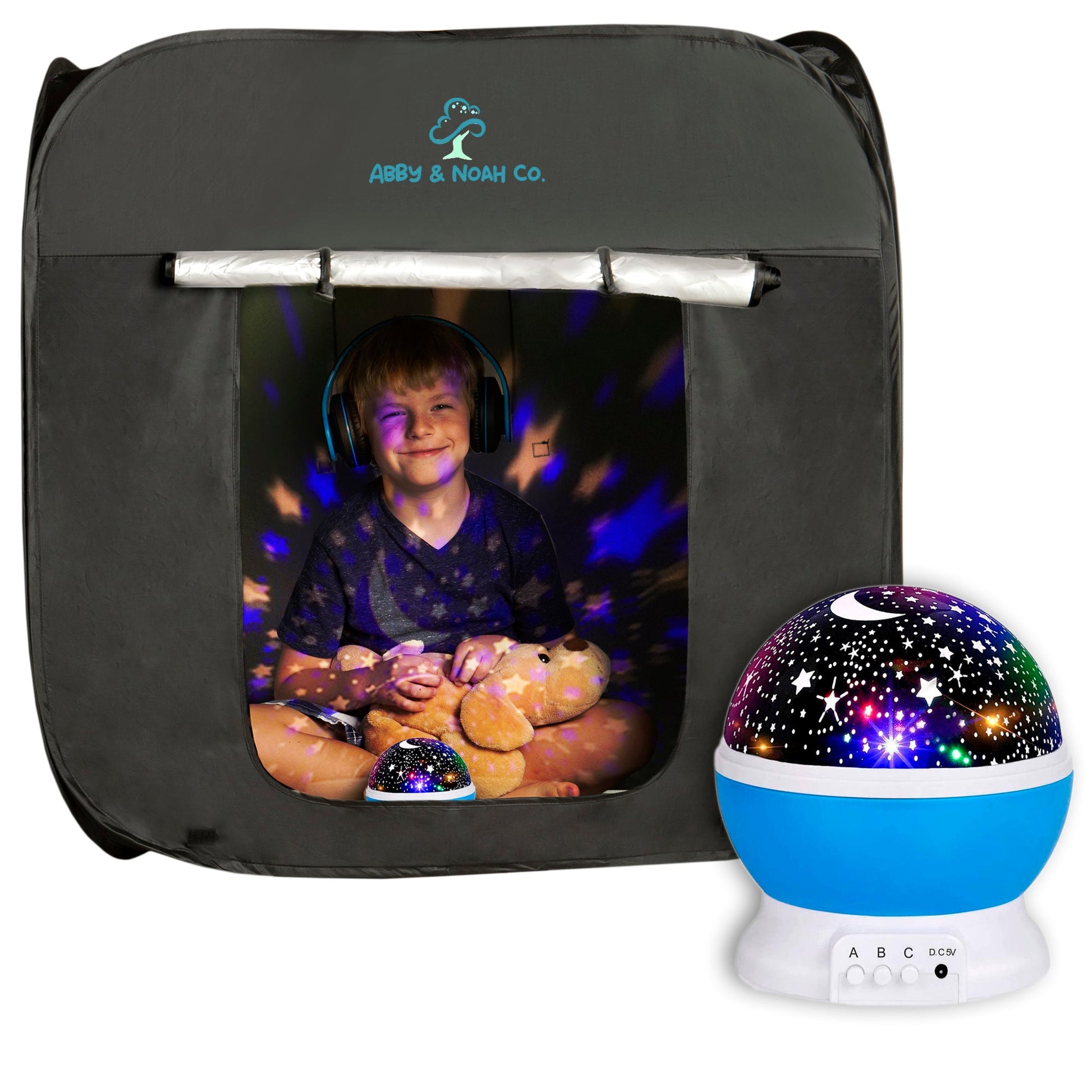 Black kids blackout tent with front window and blue star light projector included