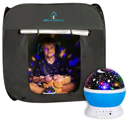 Black kids blackout tent with front window and blue star light projector included