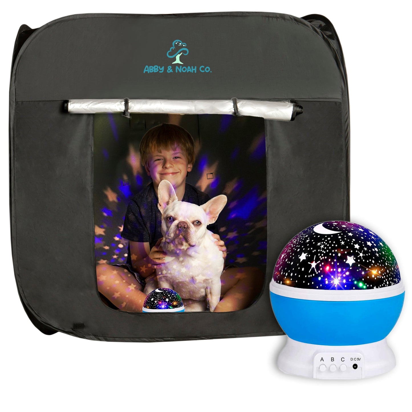 Black kids blackout tent with child and white dog inside plus blue star projector