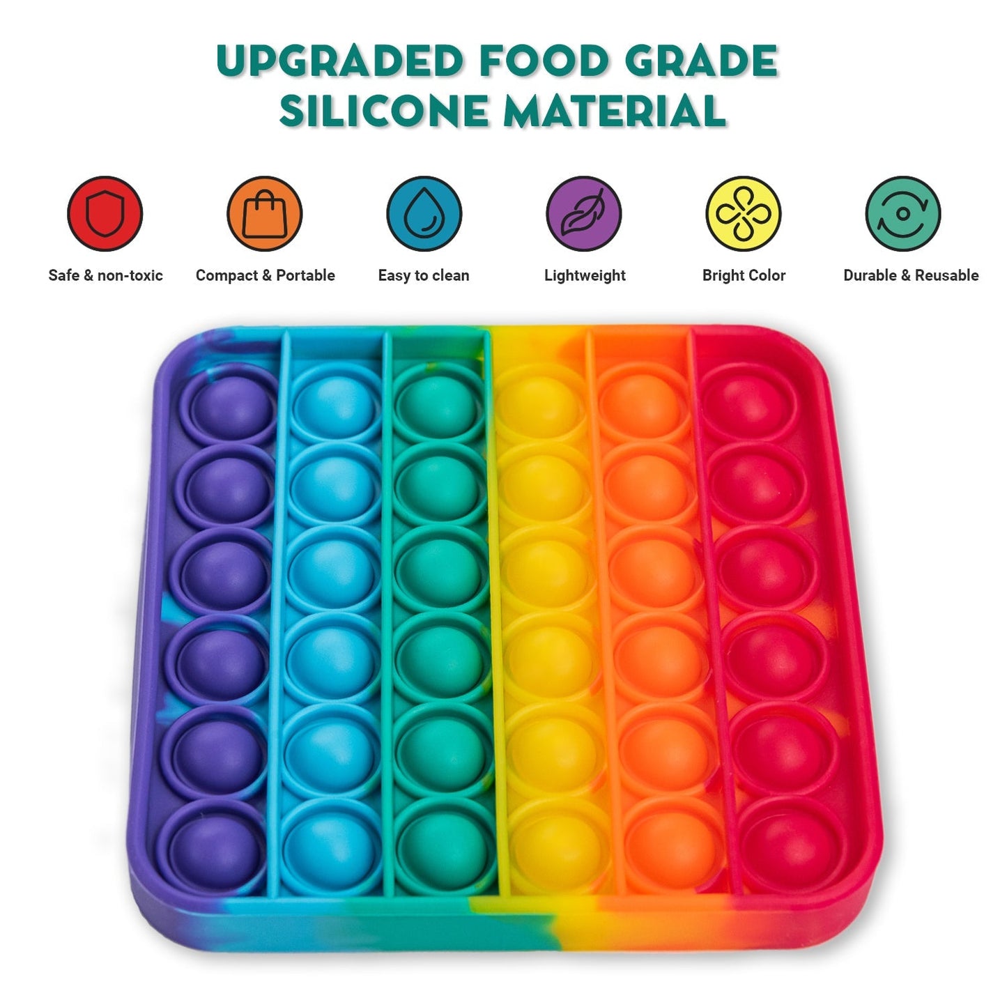 Rainbow silicone pop-it fidget mat with vertical rainbow sections and circular push bubbles