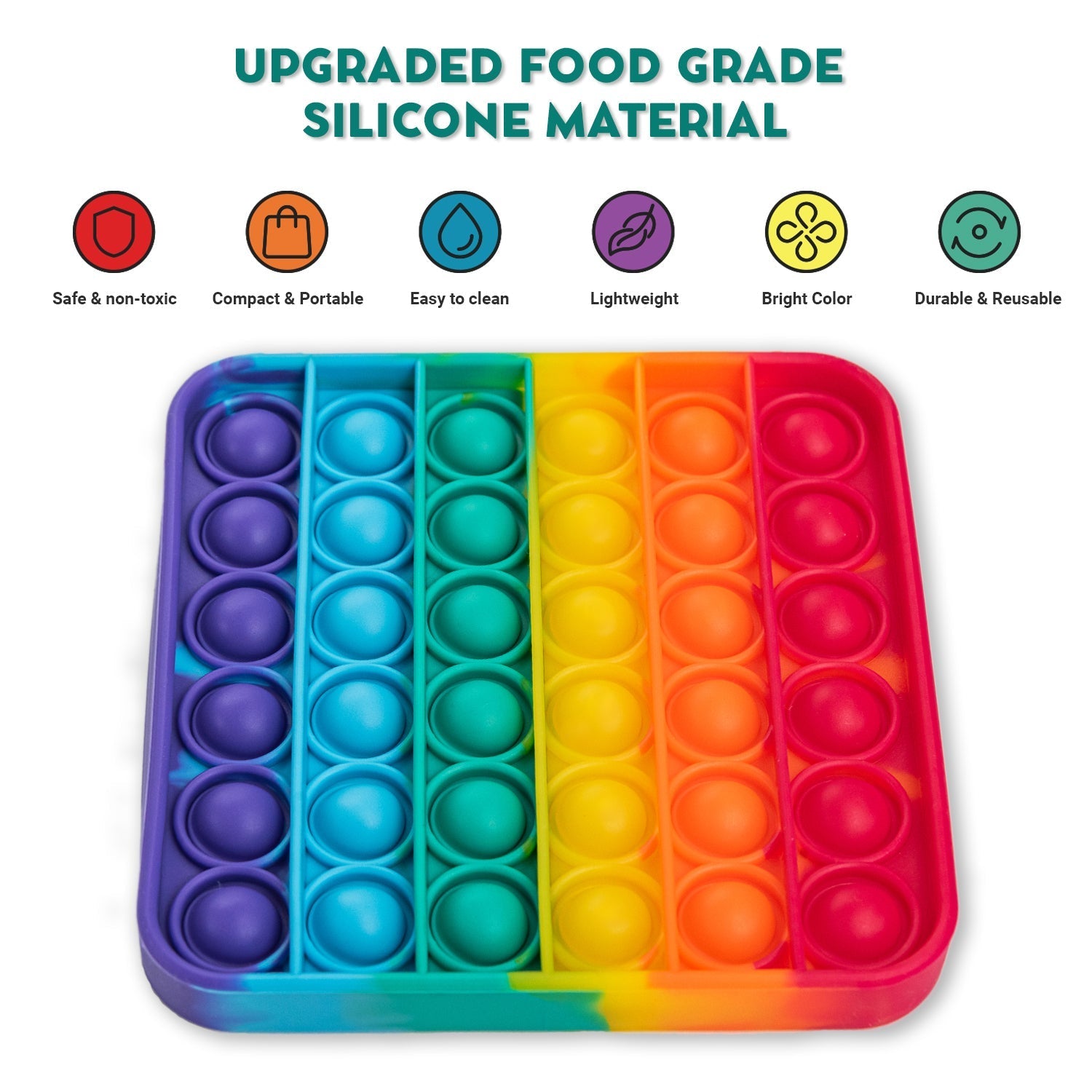 Rainbow silicone pop-it fidget mat with vertical rainbow sections and circular push bubbles