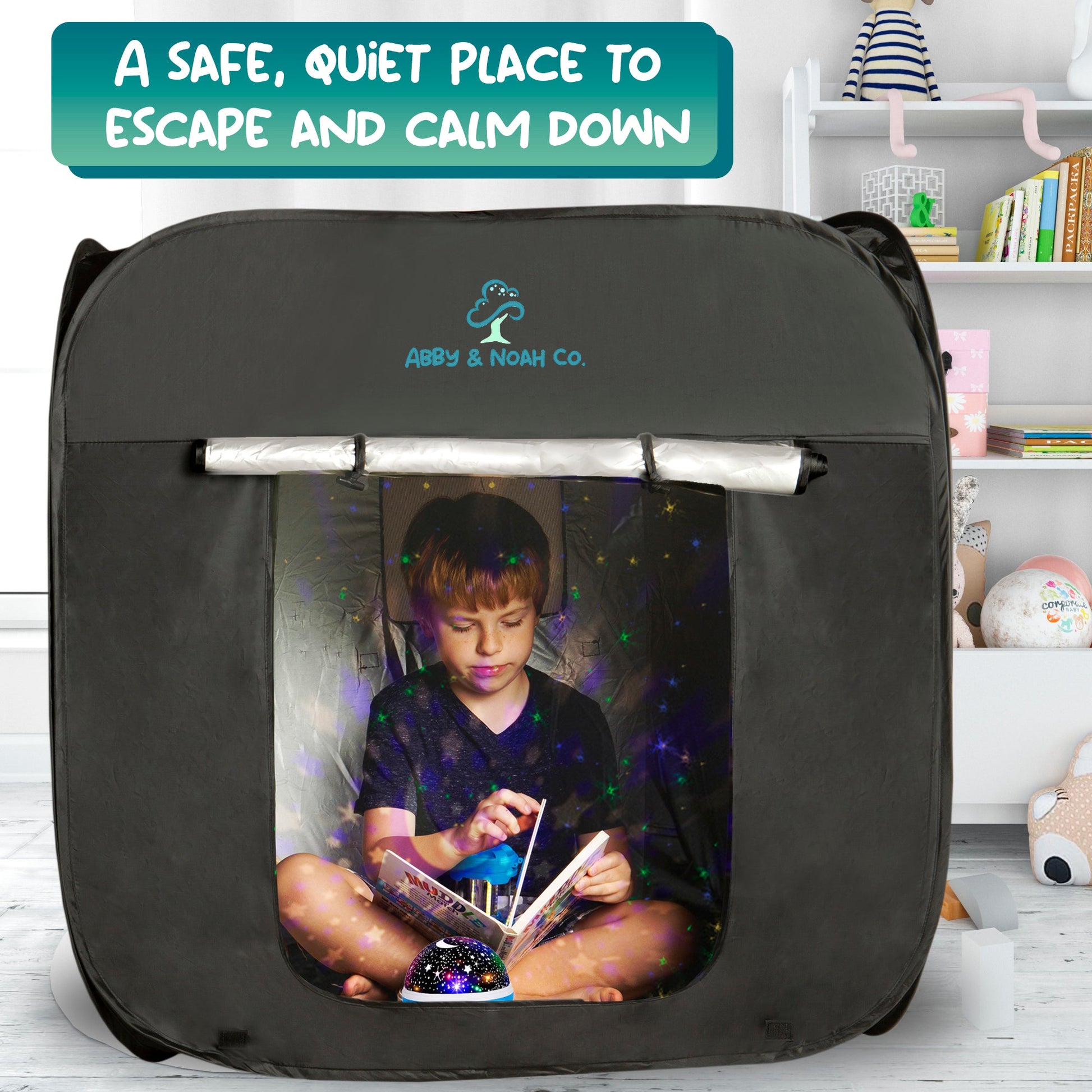 Black kids blackout tent with front window showing child reading a book