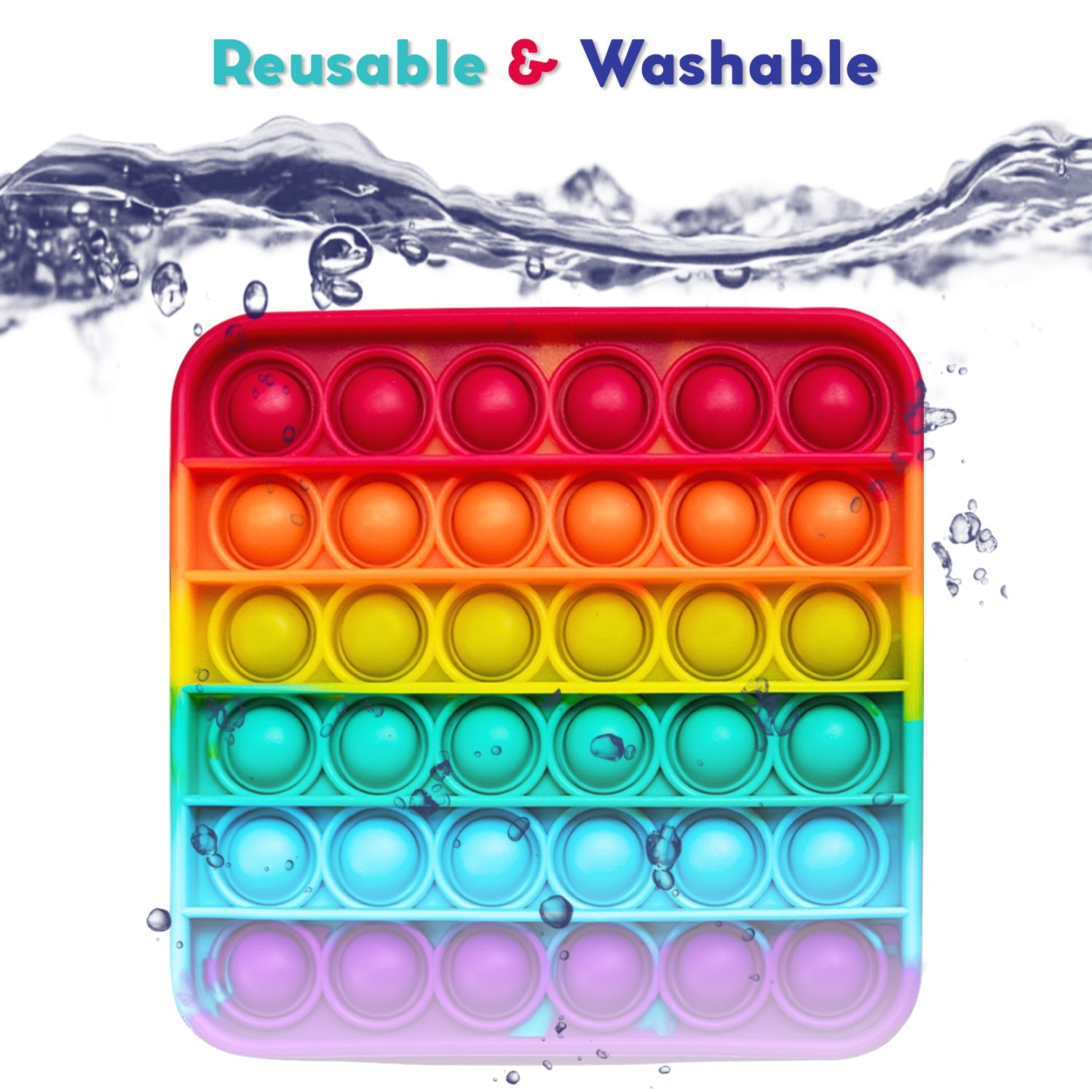 Rainbow silicone push-pop fidget mat with bubble rows, shown with water splash
