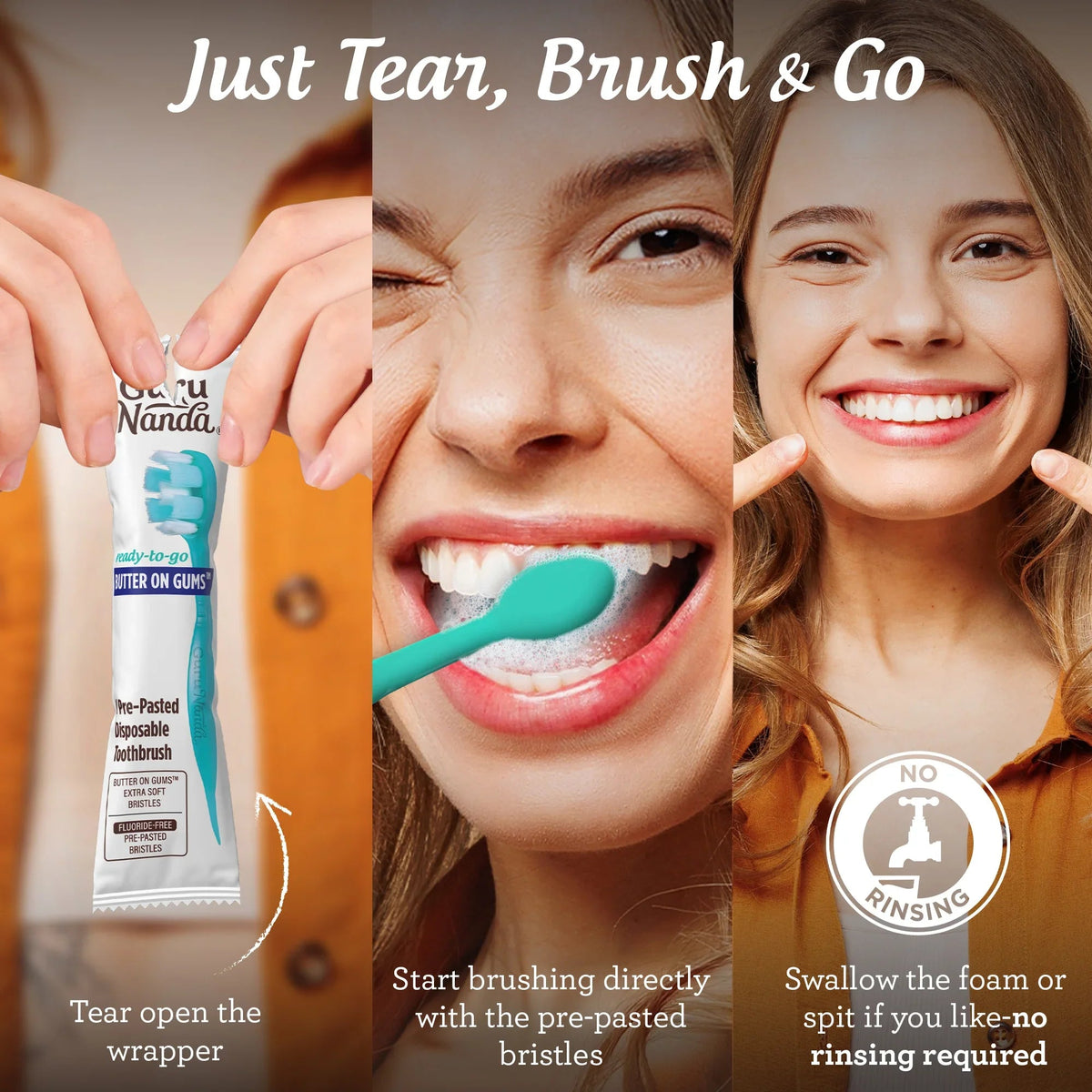 Pre-pasted disposable toothbrush shown brushing with foam and no-rinsing icon