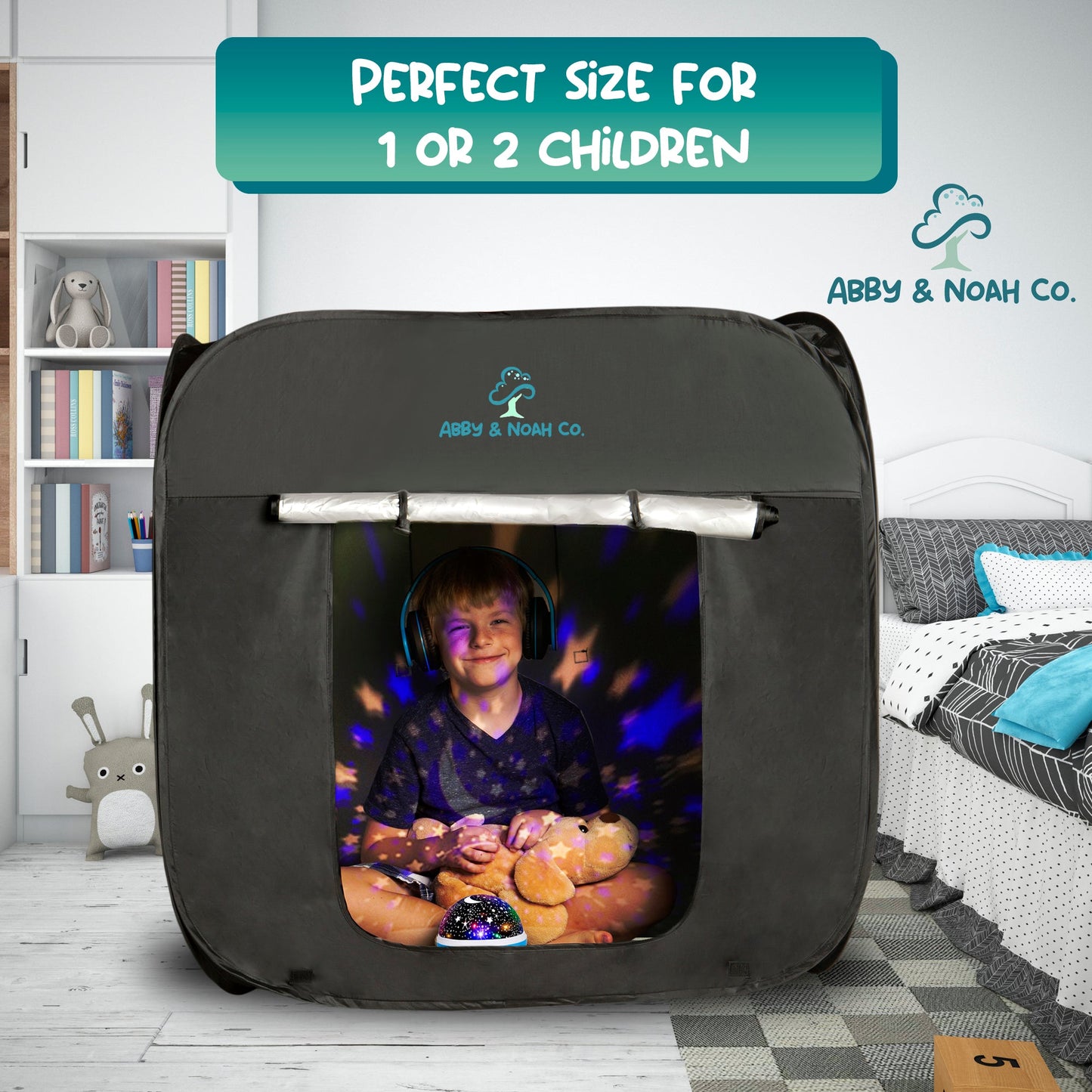 Black kids blackout tent with front window showing child with star light projector