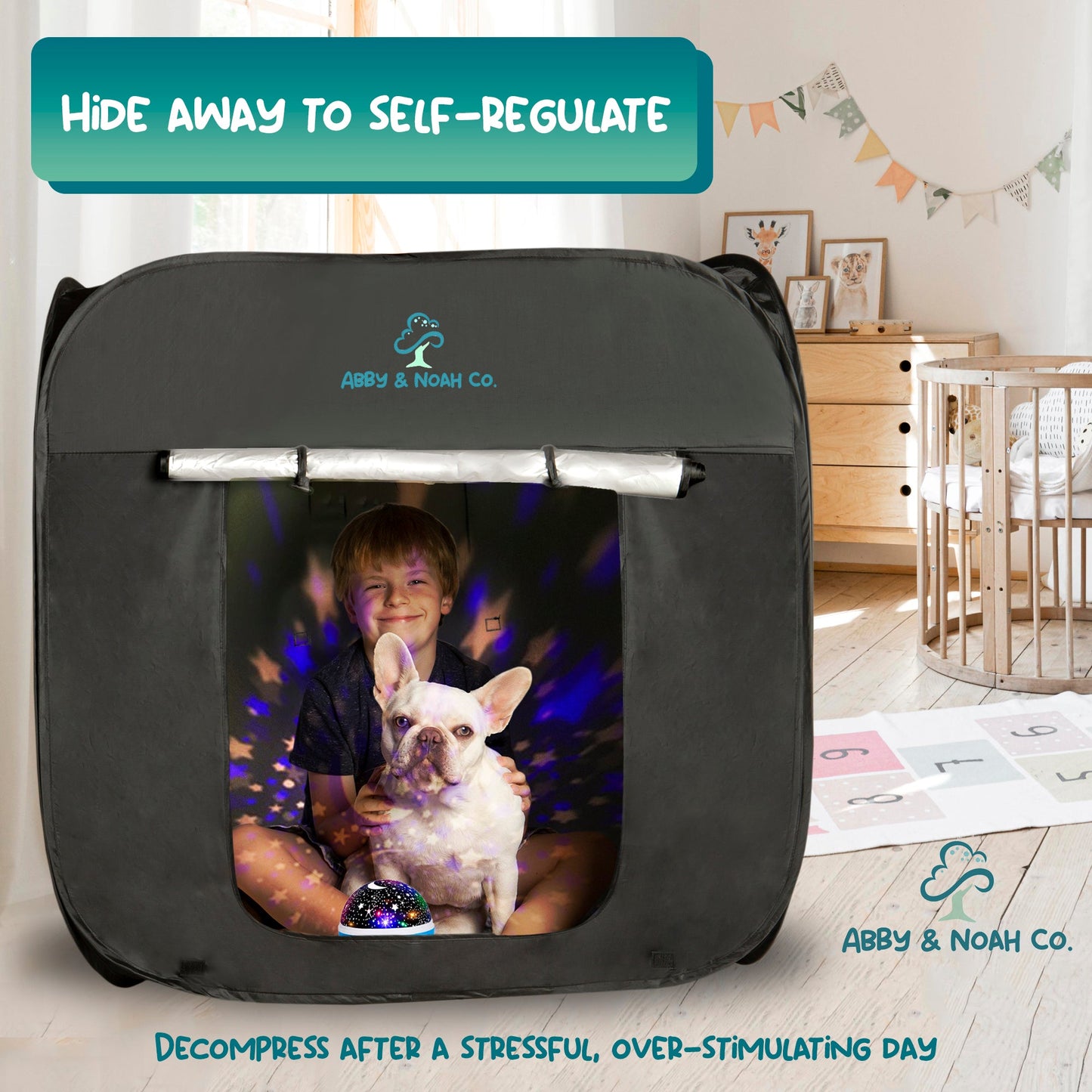 Black kids blackout tent with front window showing child with a white dog