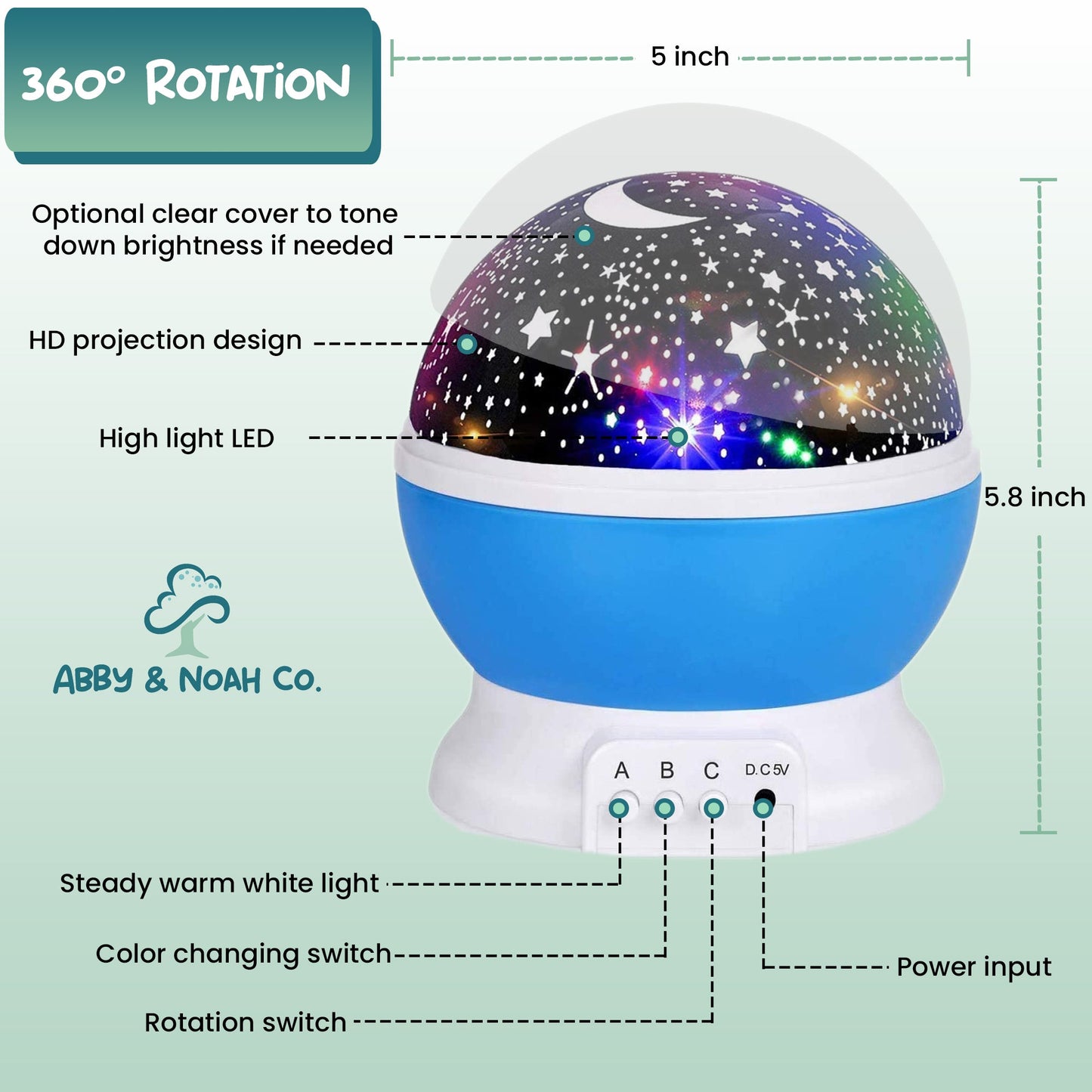 Blue and black star light projector with dome top and base controls