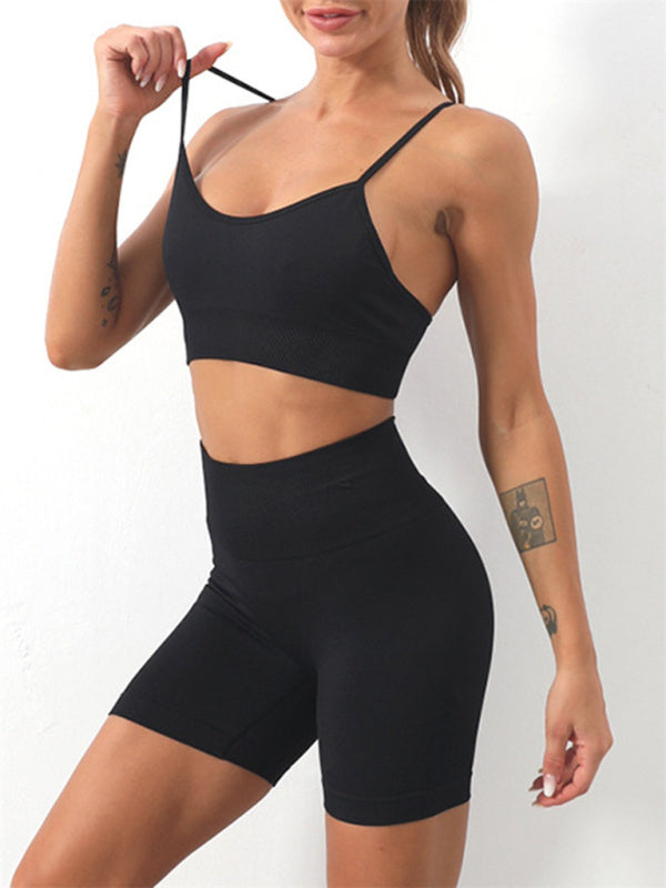 Seamless camisole sports bra and shorts set, black, strappy scoop sports bra and biker shorts