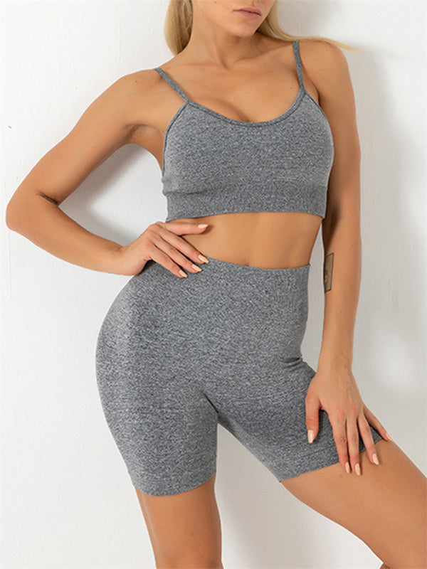 Seamless camisole sports bra and shorts set, heather grey, scoop neckline, seamless fit