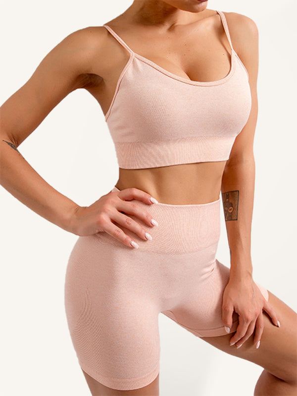 Seamless camisole sports bra and shorts set, light pink, scoop neckline, sleeveless