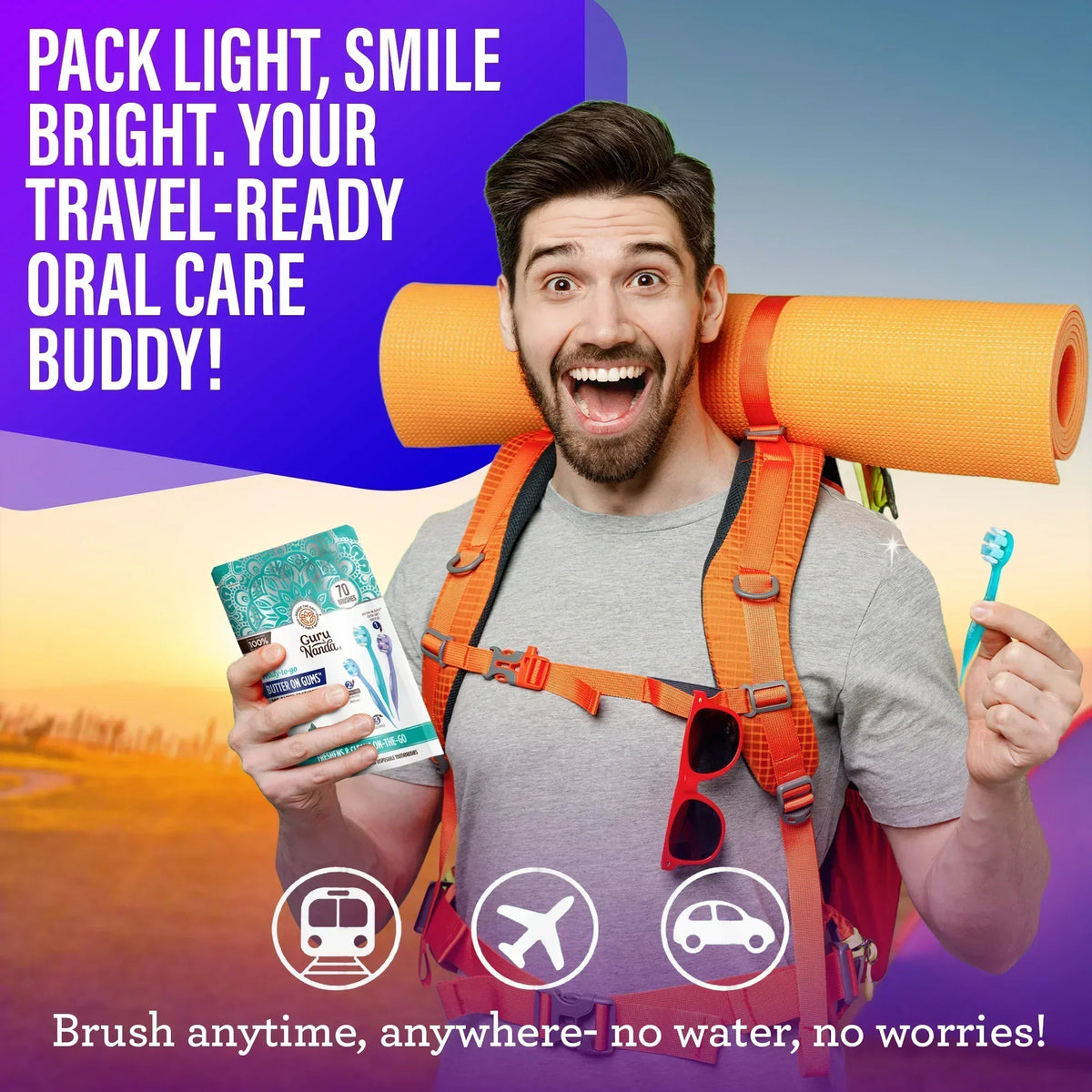 Traveler with a pre-pasted toothbrush and package, showing a travel-ready oral care set