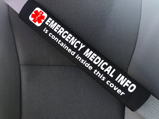 Medical alert seat belt cover with Emergency Medical Info strap label