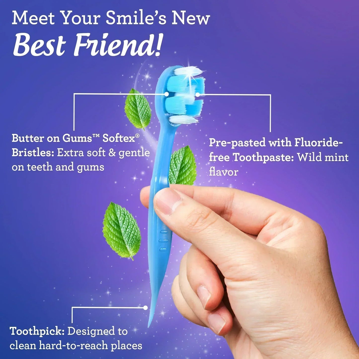 Hand holding a blue pre-pasted disposable toothbrush with fluoride-free paste
