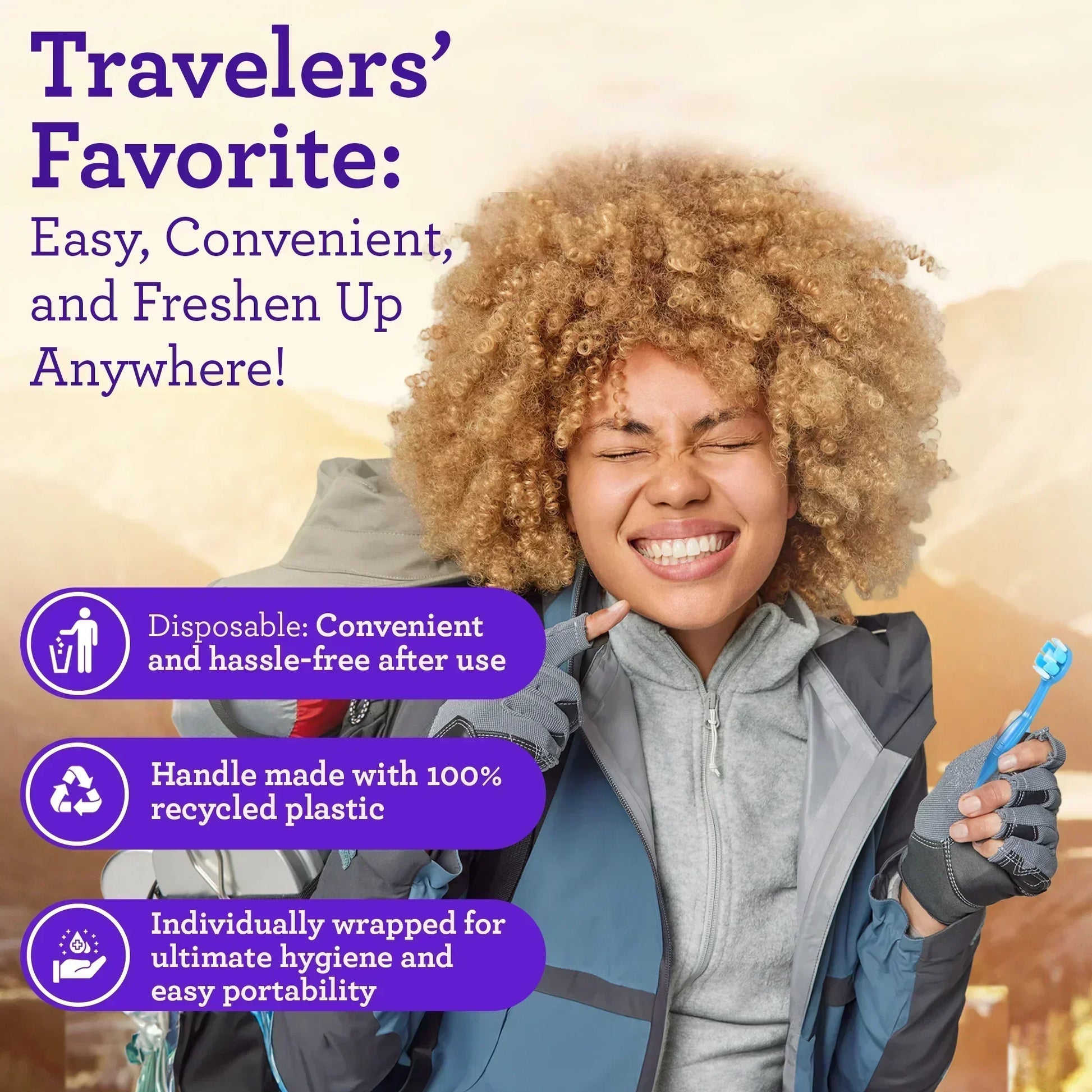 Disposable pre-pasted toothbrush with blue bristles, held by a smiling person