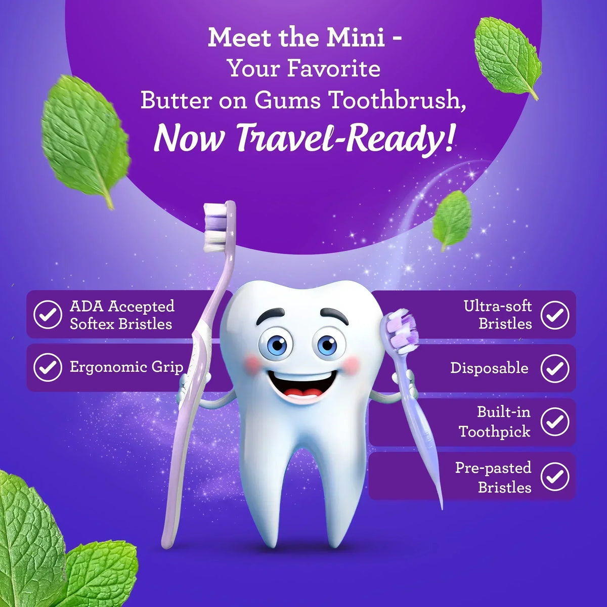 Travel-ready mini pre-pasted toothbrush with soft white bristles