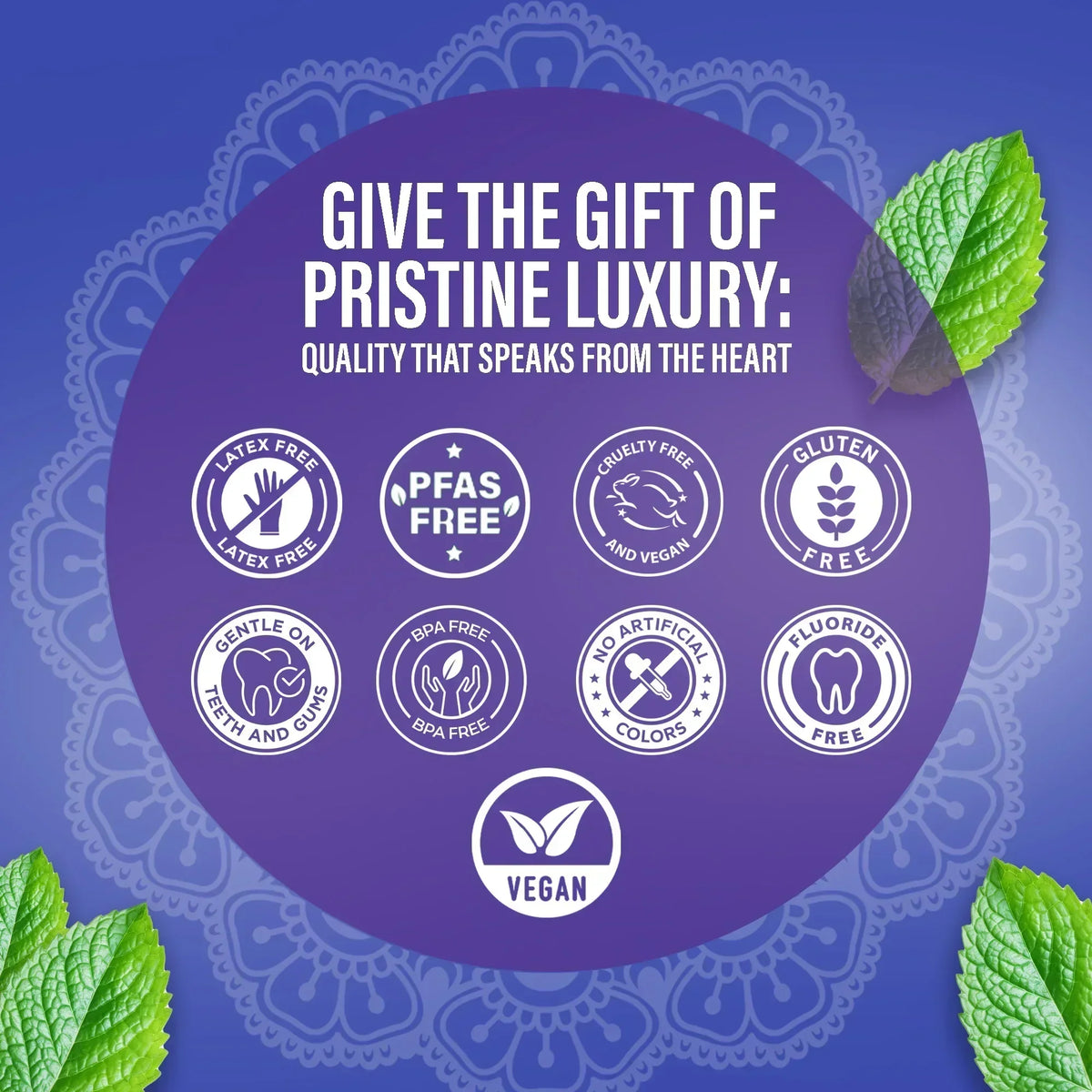 Toothbrush quality icons and vegan badge for pre-pasted disposable care