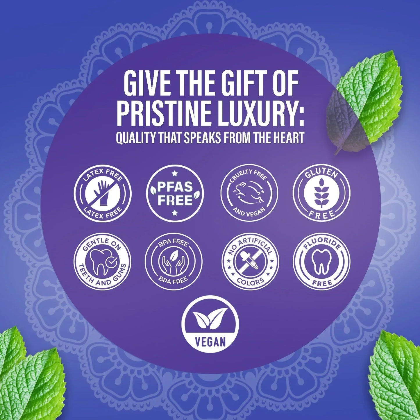 Toothbrush vegan badge with PFAS-free, gluten-free and fluoride-free icons