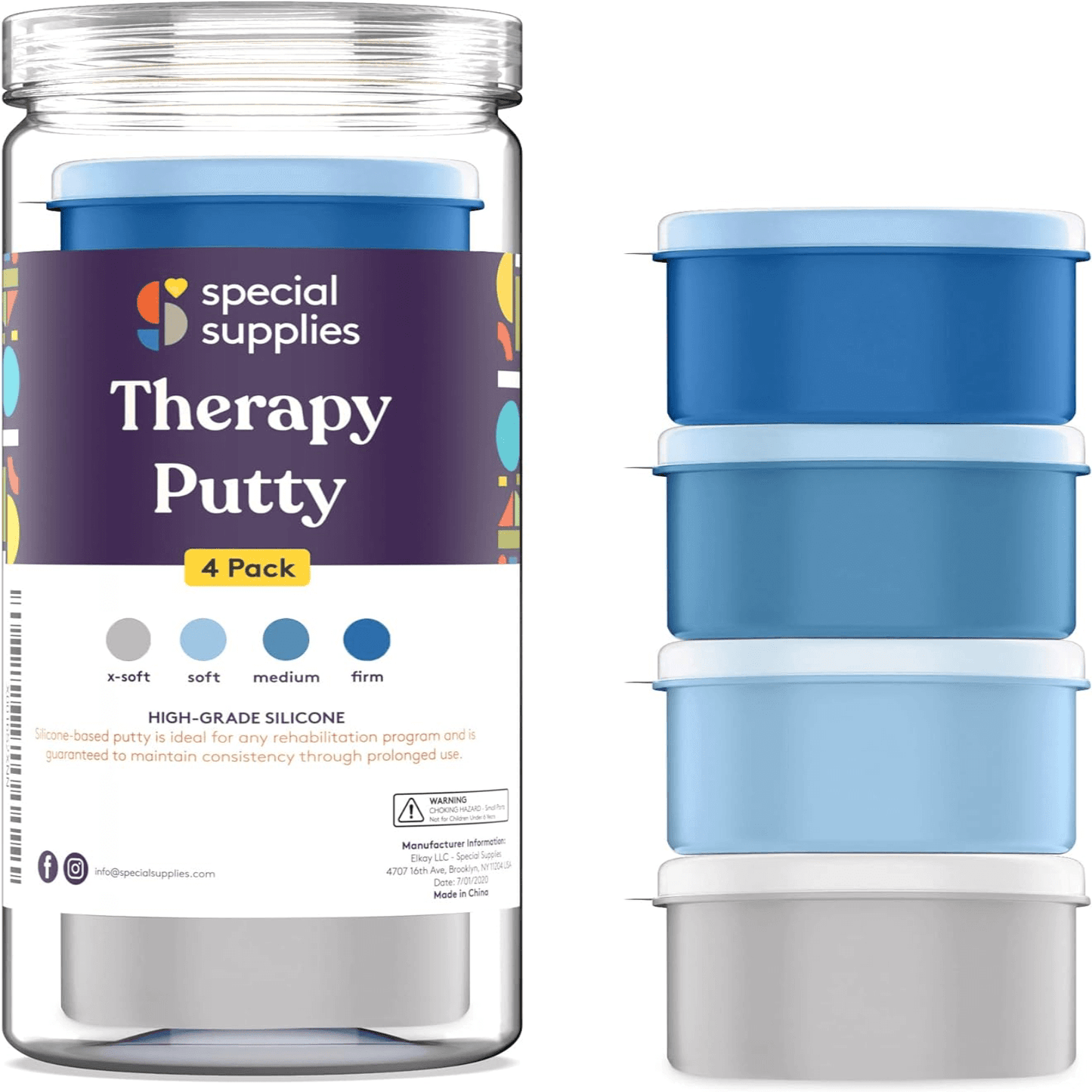 Therapy putty 4-pack with blue storage jar and three blue putty containers