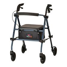 Blue rollator walker with padded seat, four wheels, and hand grips